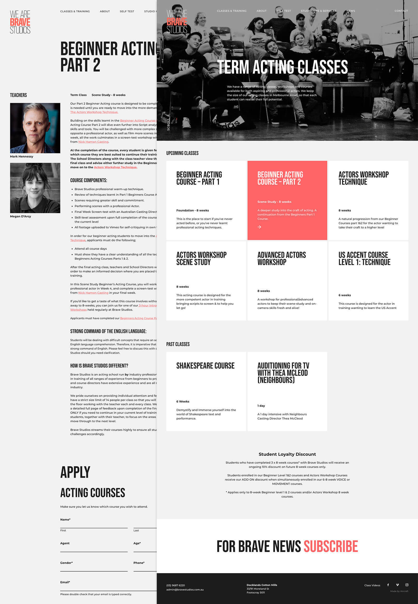 Brave Studios acting and theatre website UI design and custom wordpress front-end development